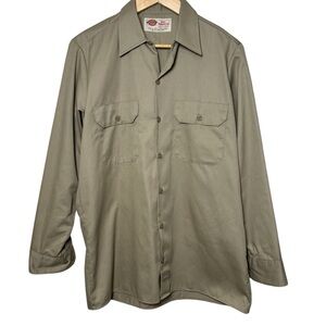 VTG Dickies Khaki Button Up Shirt Workwear Men's 15-15.5 33 Pockets Long Sleeve